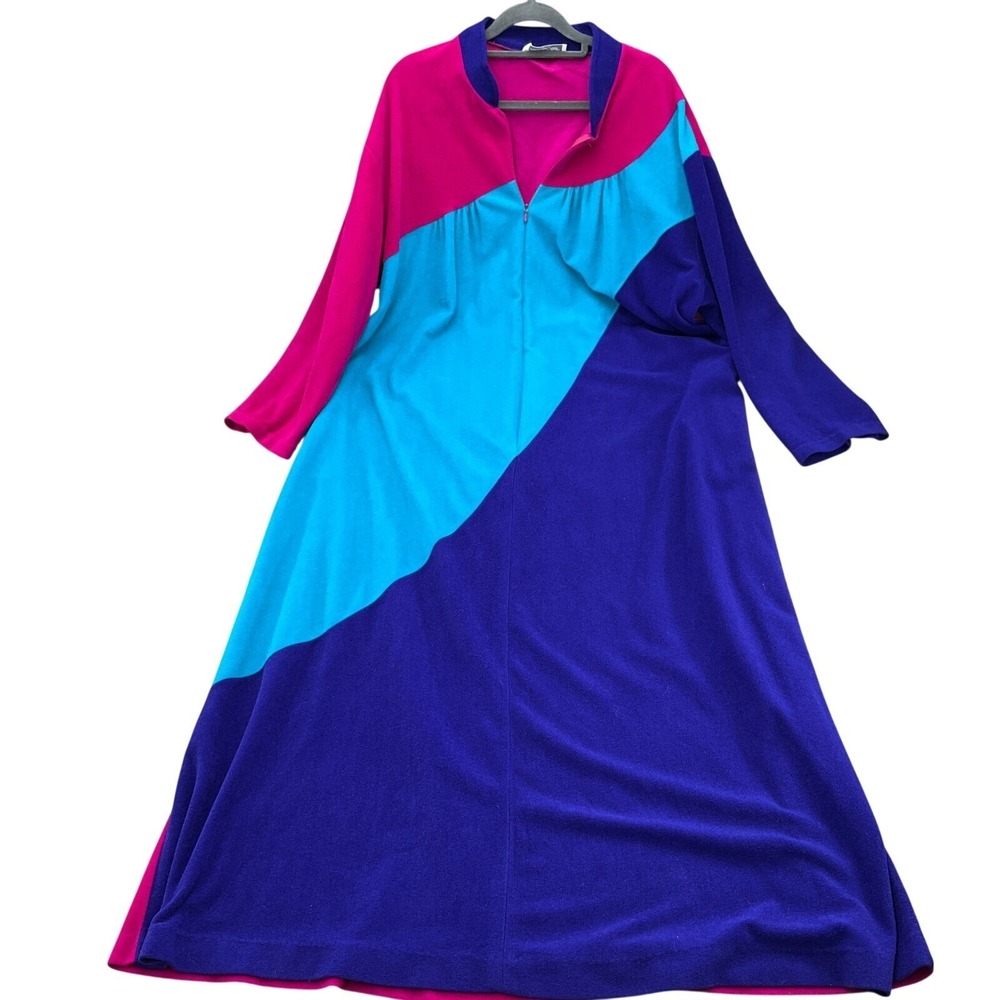 Vanity Fair Robe Womens Large Pink Blue Colorblock Grannycore 80s‎ Kaftan Zip